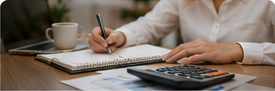 Pay stub, calculator and notebook used to review paycheck deductions